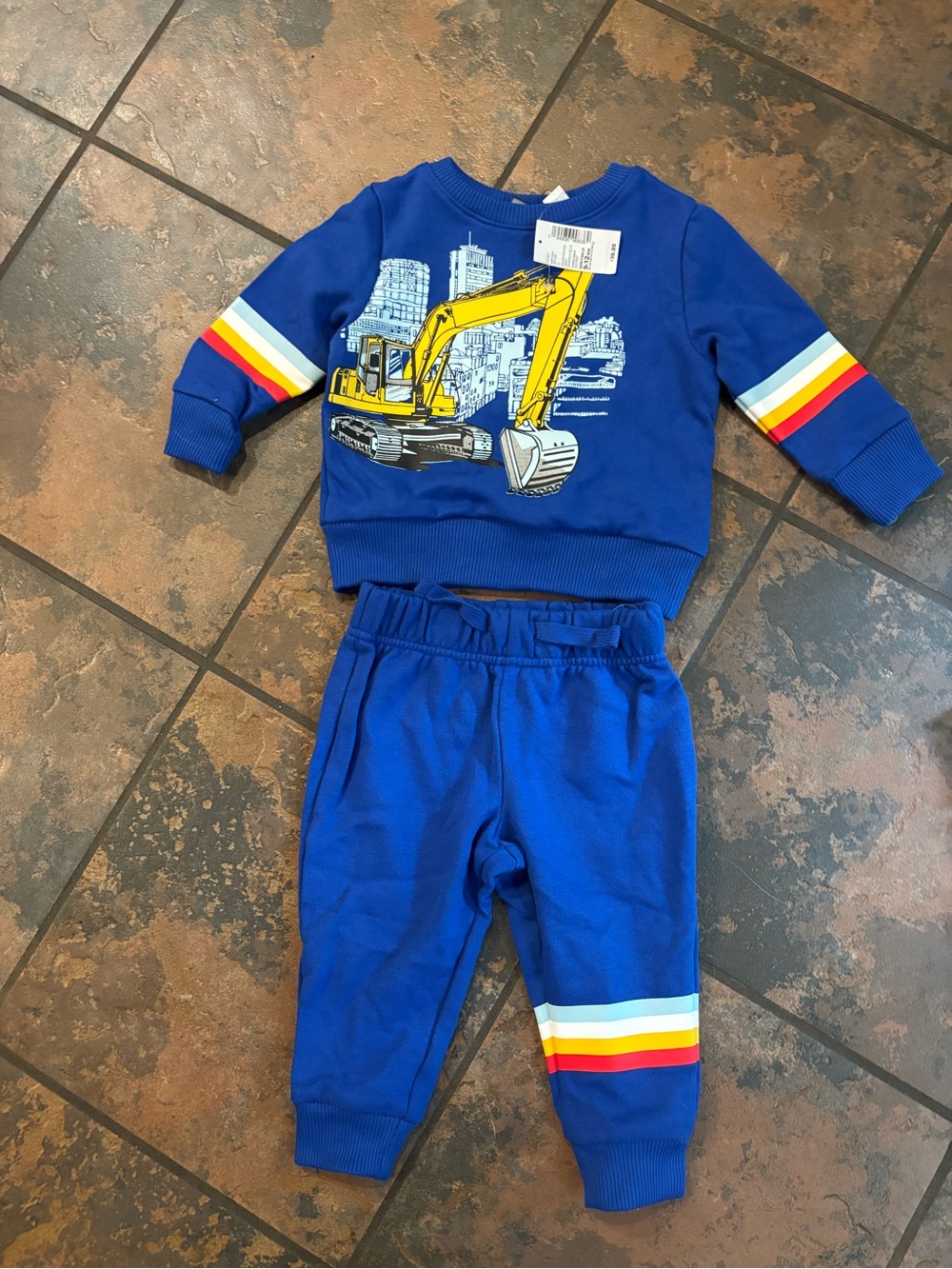 🐢The Children's Place Blue Sweatshirt & Joggers Set with Yellow Excavator